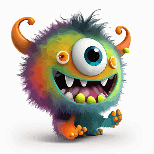 A saturated colorfull baby fur moon monster, goofy looking, smiling, white background, vector art , pixar style