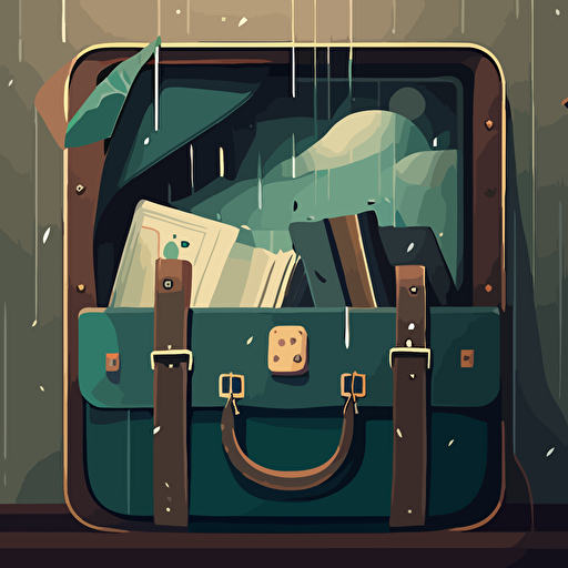 illustrated quirky scene of a briefcase in a quirky environment. Vector. Moody