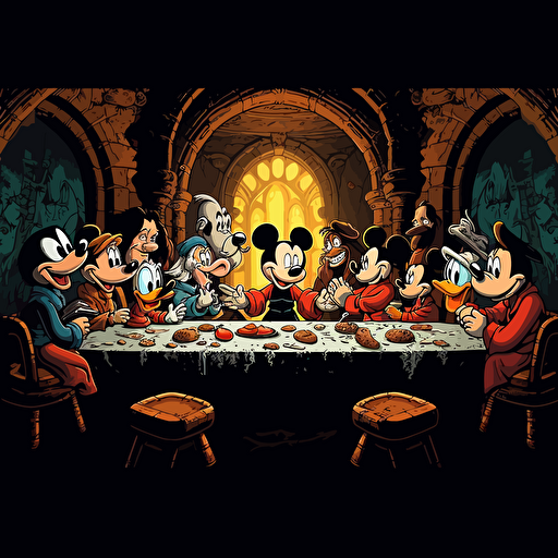 Disney cartoons last supper. Uhd. 16k. Vector image. Black background. Ink drips.