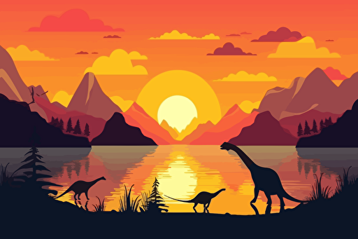 vector style dinosaurs mountains sunset lake