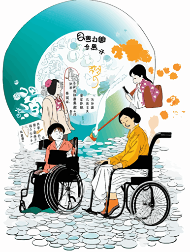 Japanese comic book エイチ・ツー style, a young climate activist, a feminist, a female human rights activist, and a person in a wheelchair imagine a "hammer" and a "keyboard," together on a big stage, and their imagined hammer and keyboard shapes float in a single bubble(Non-letter illustrations). white background, vector, illust