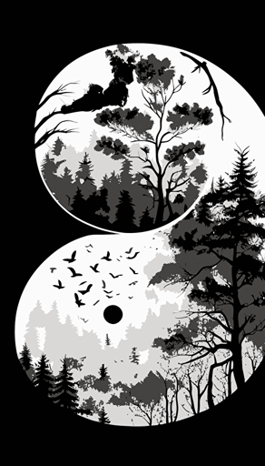yin and yang ☯️, nature, forest, black and white, abstract, vector art, minimalistic