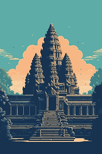 front view of the Angkor wat, blue sky, vector design, minimalist, flat