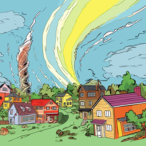 tornado sweeping through town, award winning cartoon drawing, clipart, animation, bright colors, vector