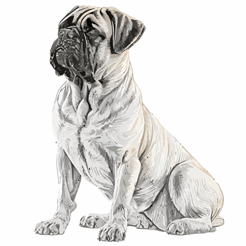 This Bullmastiff is a pure breed with a long body and average stature. It has sharp iron teeth and a hard and sharp tongue. Its coat is light, cuddly and polite. They can create a fun and lasting space in the family. vector, contour, white background