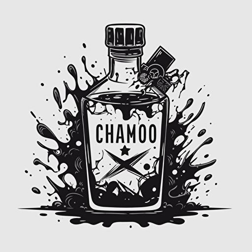 a logo design of a ink bottle full of chaos, black and white, minimialist, quirky, logo, design, vector design
