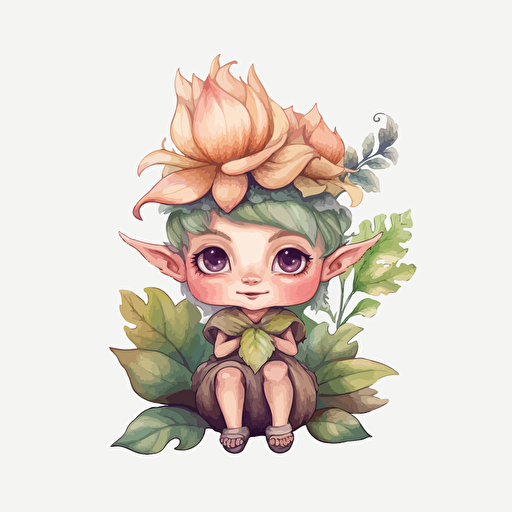 cute elf, flowers, detailed, cartoon style, 2d watercolor clipart vector, creative and imaginative, hd, white background