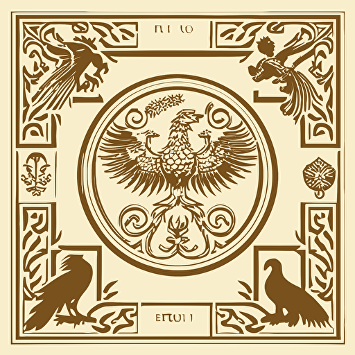 a vector type image of a square with a circle in the center. In each corner of the square is a spandrel. In each spandrel there is an intricate gold image representing a Hogwarts House. The upper left spandrel has the silhouette of a lion. The upper right spandrel has a silhouette of an eagle. The bottom left spandrel has the silhouette of a snake. The bottom right spandrel has a silhouette of a badger. There is nothing within the circle.