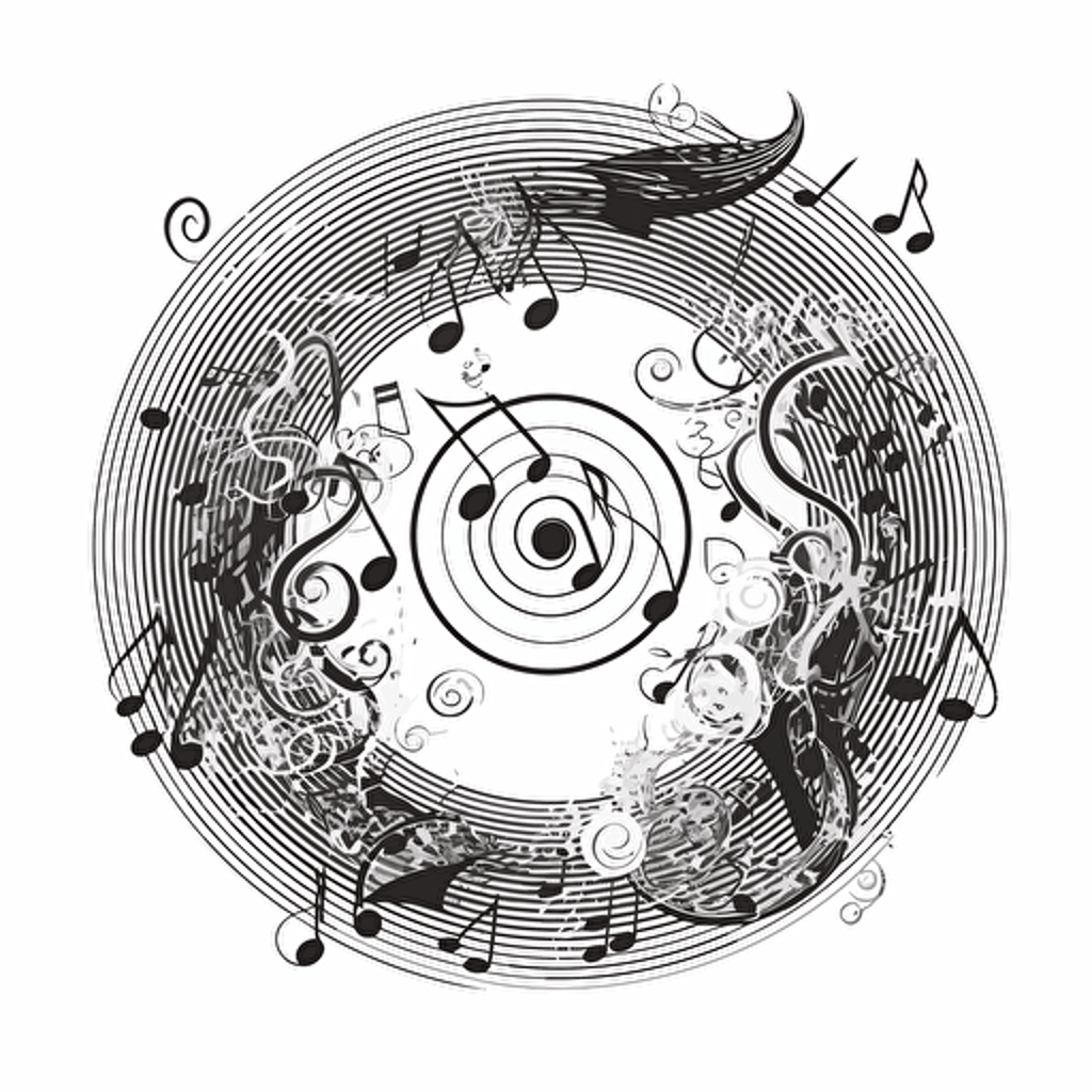 a black and white clipart about music, inscribed ina circle, vector, on white background