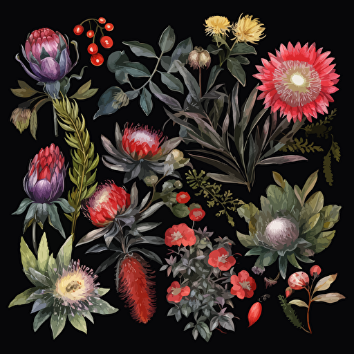 A collection on black with australian native christmas flowers, watercolour, vector, clipart, intricate, ultra