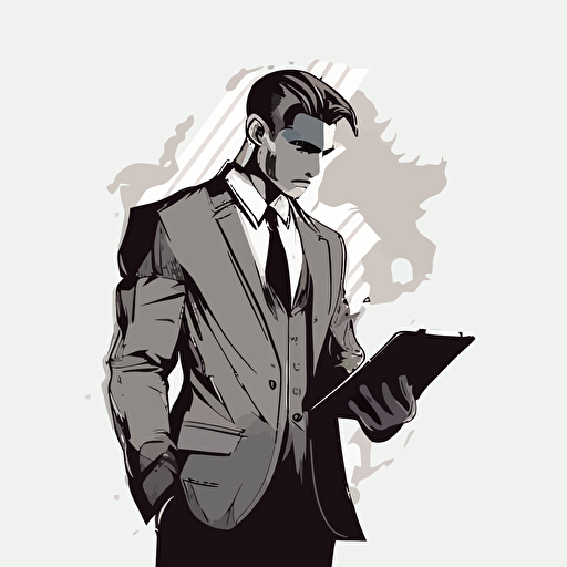2d vector art, man using a suit holding a tablet and looking at it