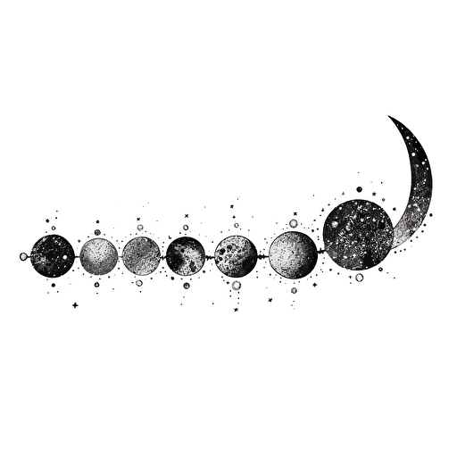 a detailed drawing of all of the phases of the moon in a line with stars super detailed vector design on white background