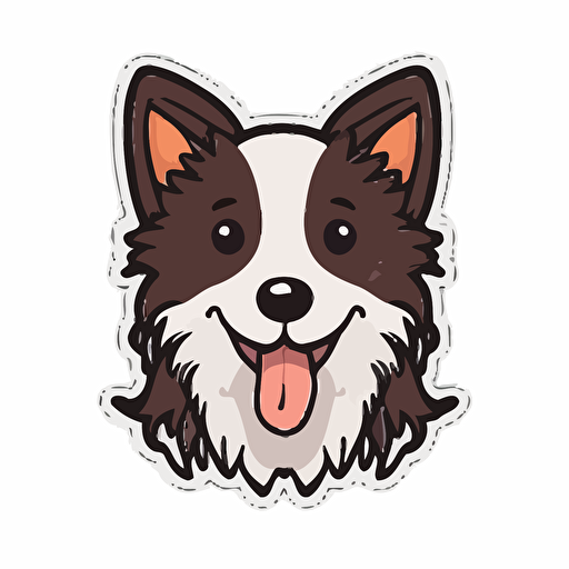 Cute, happy, border collie dog head sticker logo, chibi style, cartoon, clean, vector, 2d, white background, no accessories, without accessories, no text, without text
