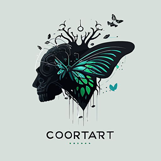 Vector logo, minimalist, a brain in a place of a catipilar with butterflies flying out of it , robotic, black with futuristic blue and green. Include word 'GrowthCraft' under logo image.