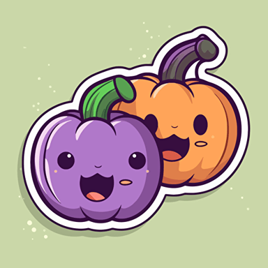 very cute Halloween pumpkin stickers, stickers art, vector art, minimalist, cute, no ugly, white background, purple orange and green colours scheme