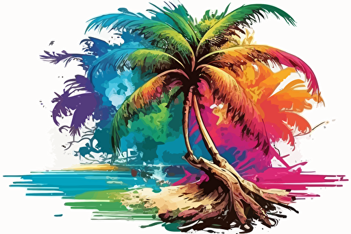 vector, tropical coconut tree beach, vivid colors, detailed, design, pixar, colorful