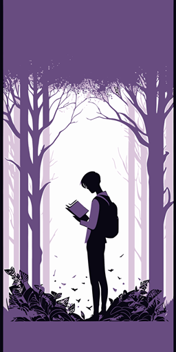 a person reading through a book, forest background, vector, flat art, simple, minimalistic, light purples, white background, insightful