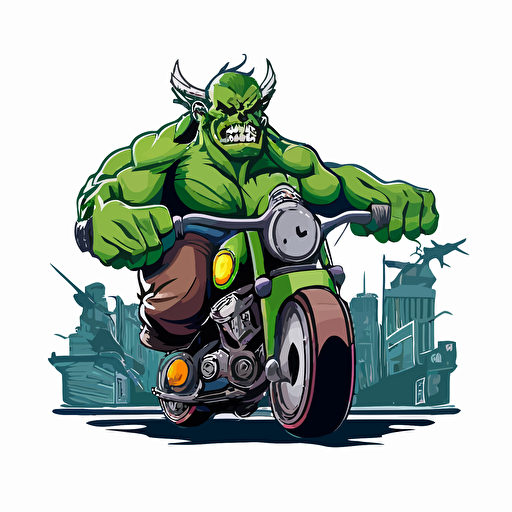 ogre riding a chopper in bad part of city, vector logo, vector art, emblem, simple cartoon, 2d, no text, white background