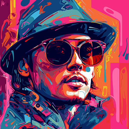 Art in the style of Tristan Eaton, Raoul Duke, Johnny Depp, Fear and Loathing in Las Vegas, Psychadelic vector art, palette knife texture, Palette knife drawing