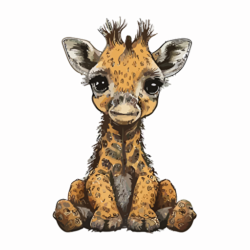 handdrawn cute sitting baby giraffe clipart, flat vector art, black clean outline, natural colours, symmetrical, isolated white background