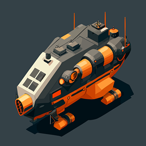 heavy duty space vessel, vector, simple, minimalistic, isometric, orange and grey, black background