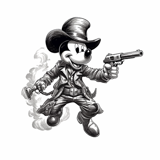 mickey mouse turned sideway dodging flying bullets vector illustration isolated on white background, logo, vector, monochromatic