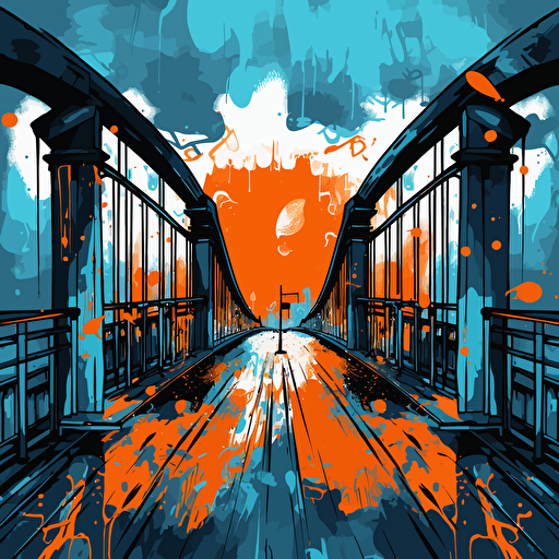 a vector image of a bridge connecting to a prison, blue and orange and dark gray, graffiti style
