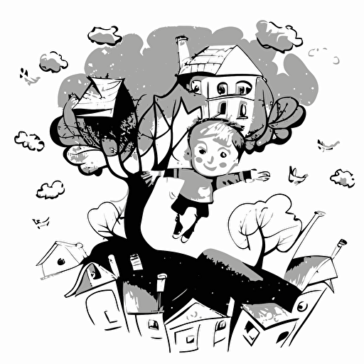 Little boy flying above houses and trees. black and white vector illustration. Cheerful image