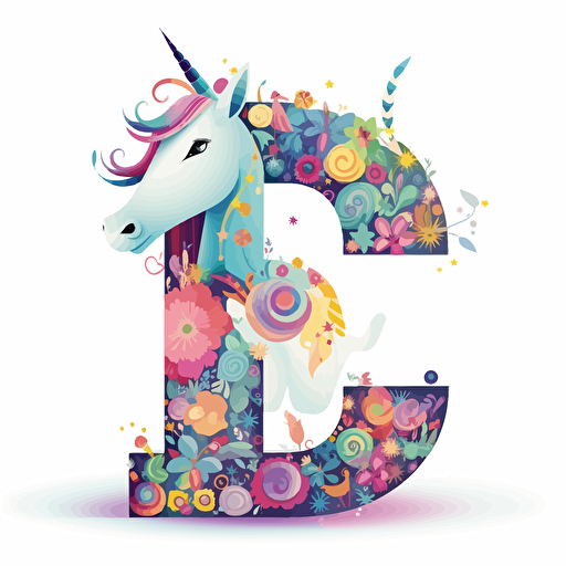 The letter "e" made from logo, with unicorn ,smily, vector style, cartoon, mandalacolor,white background,2d