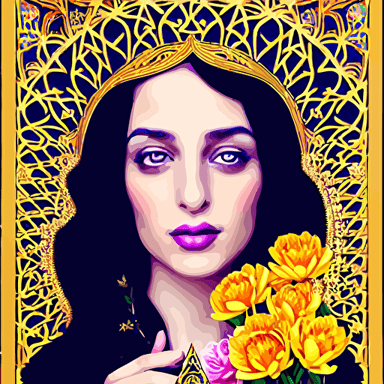 portrait glamourous young arab princess art nouveau mandala wearing huge elaborate detailed ornate crown types realistic colorful flowers turban flowers sacred geometry golden ratio surrounded scattered flowers peonies dahlias lotuses roses tulips photorealistic face cinematic lighting rimlight detailed digital painting portrait headshot style alphonse mucha artgerm wlop peter mohrbacher william adolphe bouguereau cgsociety artstation rococo baroque styles symmetrical hyper realistic 8k image 3d supersharp pearls oyesters turban vibrant flowers satin ribbons pearls chains perfect symmetry iridescent high definition octane render maya houdini light shadows reflections photorealistic masterpiece smooth gradients blur sharp focus photorealistic insanely detailed intricate cinematic lighting octane render epic scene 8 k