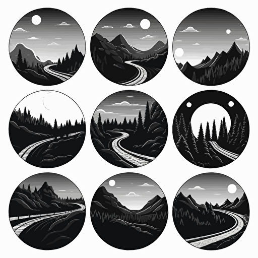 simplistic black and white sticker vector designs of a scenic road