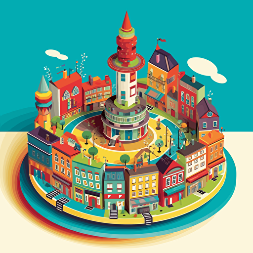 a city themed, 360 degree designed card back concpet in fun primary colours with a vector art style
