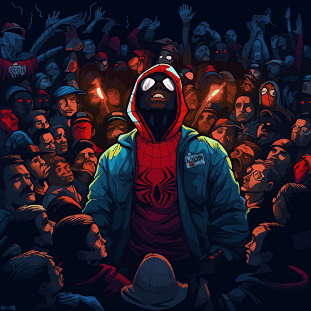 spiderman in a rap battle. Vector image. Drawing. Black background. Villains in the crowd. Wide angle.