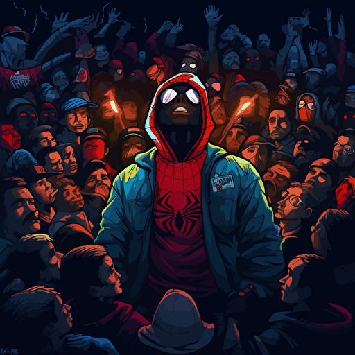 spiderman in a rap battle. Vector image. Drawing. Black background. Villains in the crowd. Wide angle.