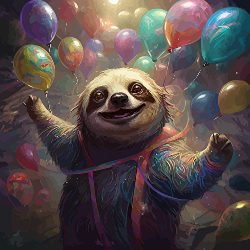 vectorgrafik,Effulgent,caricature,jubilant, iridescent, fantasy, funny happy sloth, balloons Magical, Insanely Detailed, Fantasy, Retro Sci-Fi by Shusei Nagaoka Starburst, by Zena Holloway, Sparkle, Fantasy, Unreal Engine,