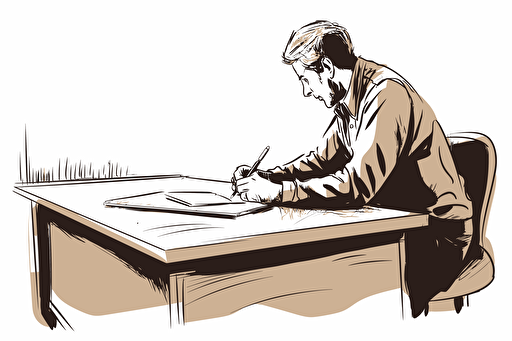 A vector illustration of a person writing or drawing at a conference room table. White background.