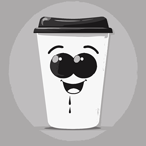 sticker design, super cute pixar white cup filled with black coffee, black lid, vector