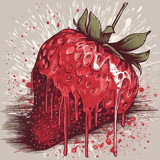 painted delicious strawberry, simple form background, leave a lot of negative space, rough, textured, grainy surface, dusty, vector, desaturated colour drips, graffiti, artificial, highres