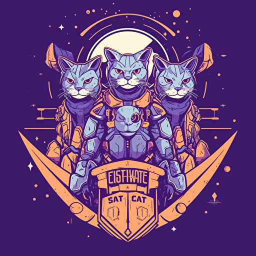 logo design of a group of historical based anthromoporphic cats dressed in sci-fi battle gear with spaceships and planets behind them, 2d, purple and blue colors, vector