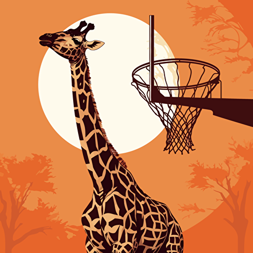 A vector of a giraffe playing basketball, gracefully dunking the ball into the hoop with its long neck.