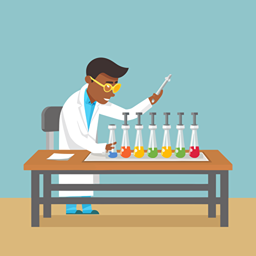 A scientist examining test tubes on a wooden table, with a white board in the background. flat style illustration for business ideas, flat design vector, industrial, light color pallet using a limited color pallet, high resolution, engineering/ construction and design, colored cartoon style, light indigo and light gold, cad( computer aided design) , white background