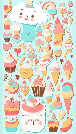 Area-filling vector style pattern with 40 represented objects. Use cute unicorns, flamingos, cupcakes and rainbows, clear vector surfaces, colorful