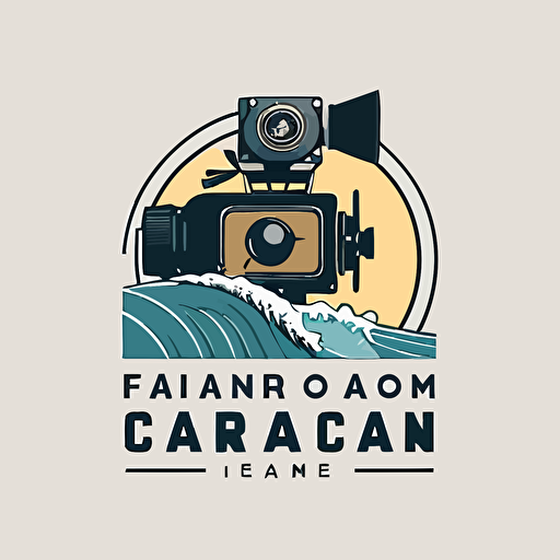a flat vector logo for a production company, professional movie camera, ocean waves, simple