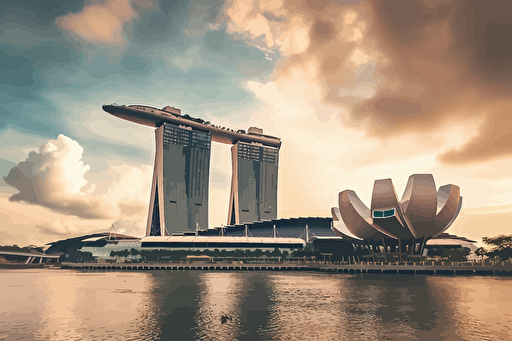 vector art, marina bay sands, singapore, clouds