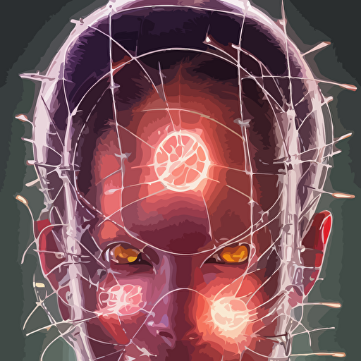 organic cyborg head wrapped barb wire lasers hajime sorayama jamie coreth trending artstation centered symmetrical rim lighting electric hair bilateral symmetry 80s poster polished thick smoke retro dark vintage sci fi 2d matte illustration