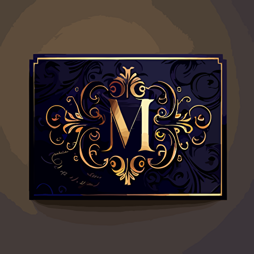 business card logo with ghotic M letter, dark ornamental style,filigrane, vector, ultra definition