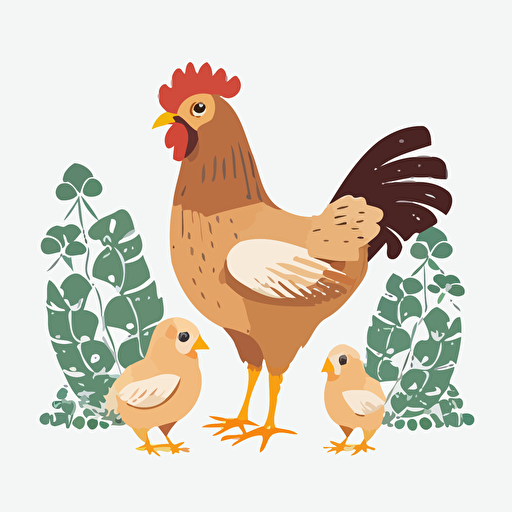 mother hen, white background, childrens book flat color vector art