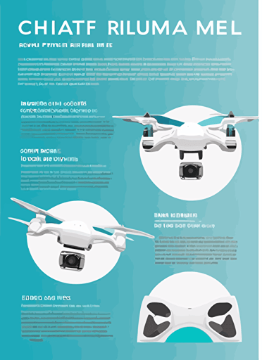 product flyer, drone theme, flat vector design, white background, ocean color foreground, four main products on display, large heading at top