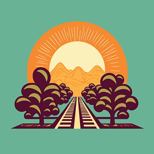 simple vector art of railroad, sun, trees, simple colors, cartoon, logo