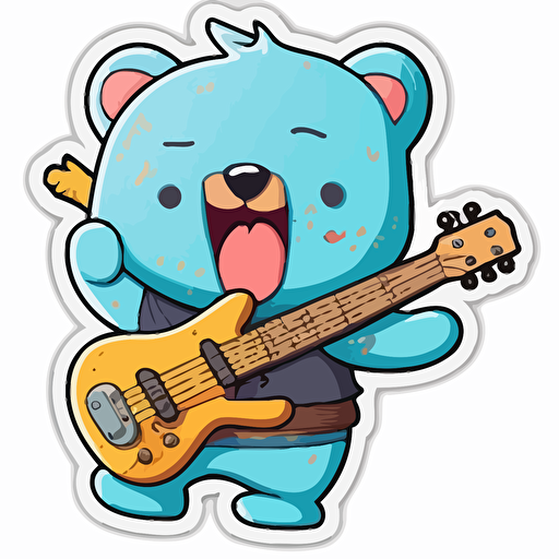 sticker happy teddy bear playing an electric guitar, kawaii, vector, contour, white background